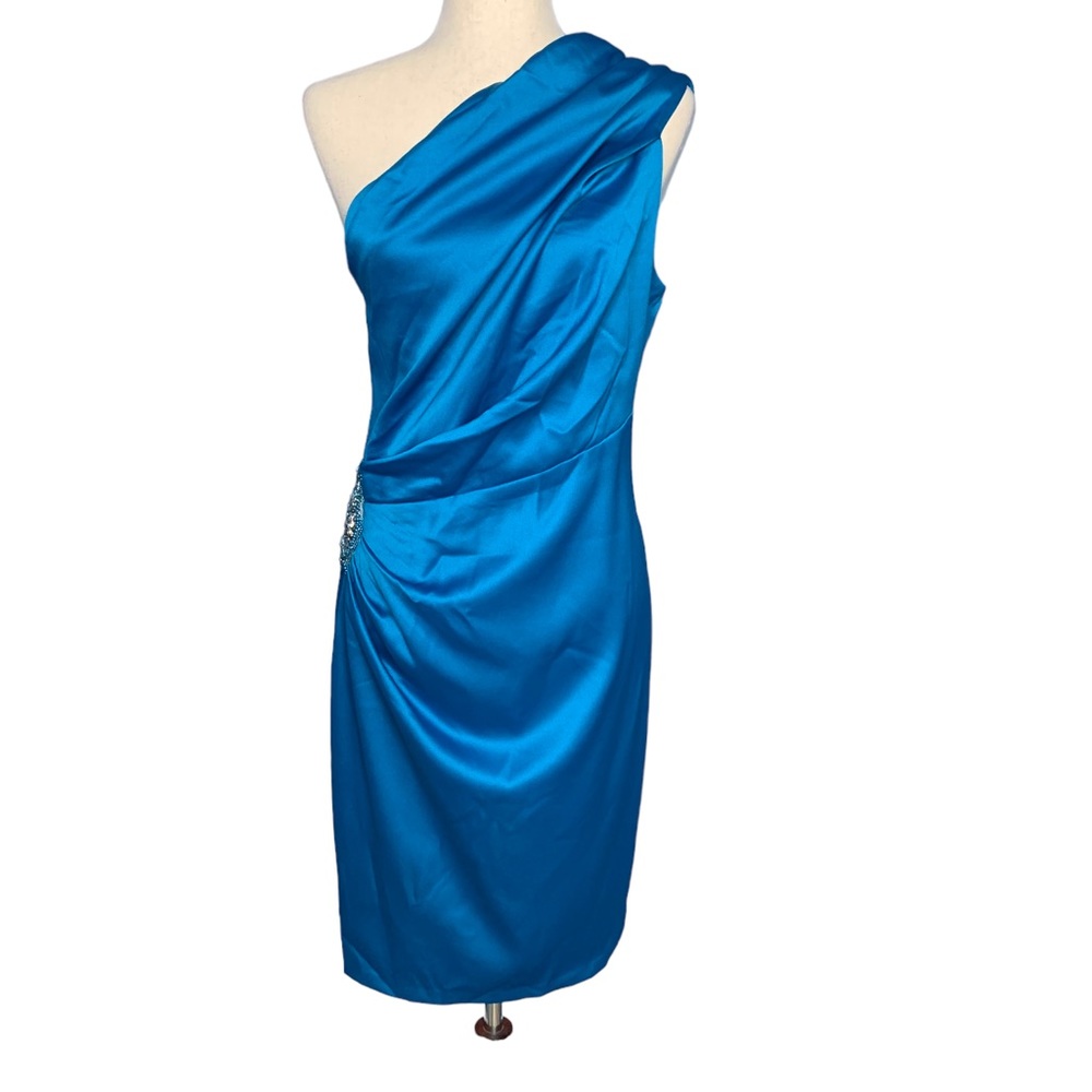 Jessica Howard Turquoise Blue Satin One Shoulder Cocktail Dress | Size 10
